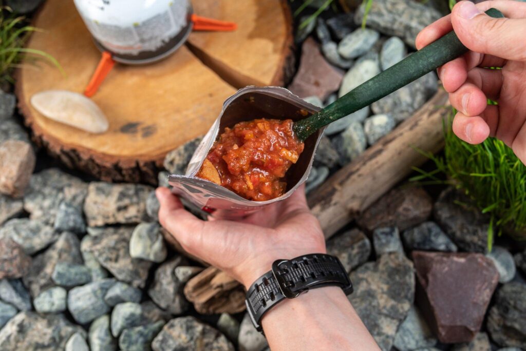 Hiking food kit being eaten on the trail